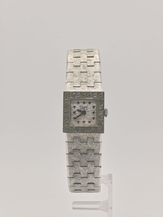 Vintage YEMA Watch Ladies Square Case Stone Accent Mesh Bracelet Silver Tone French Swiss Made Dress Watch