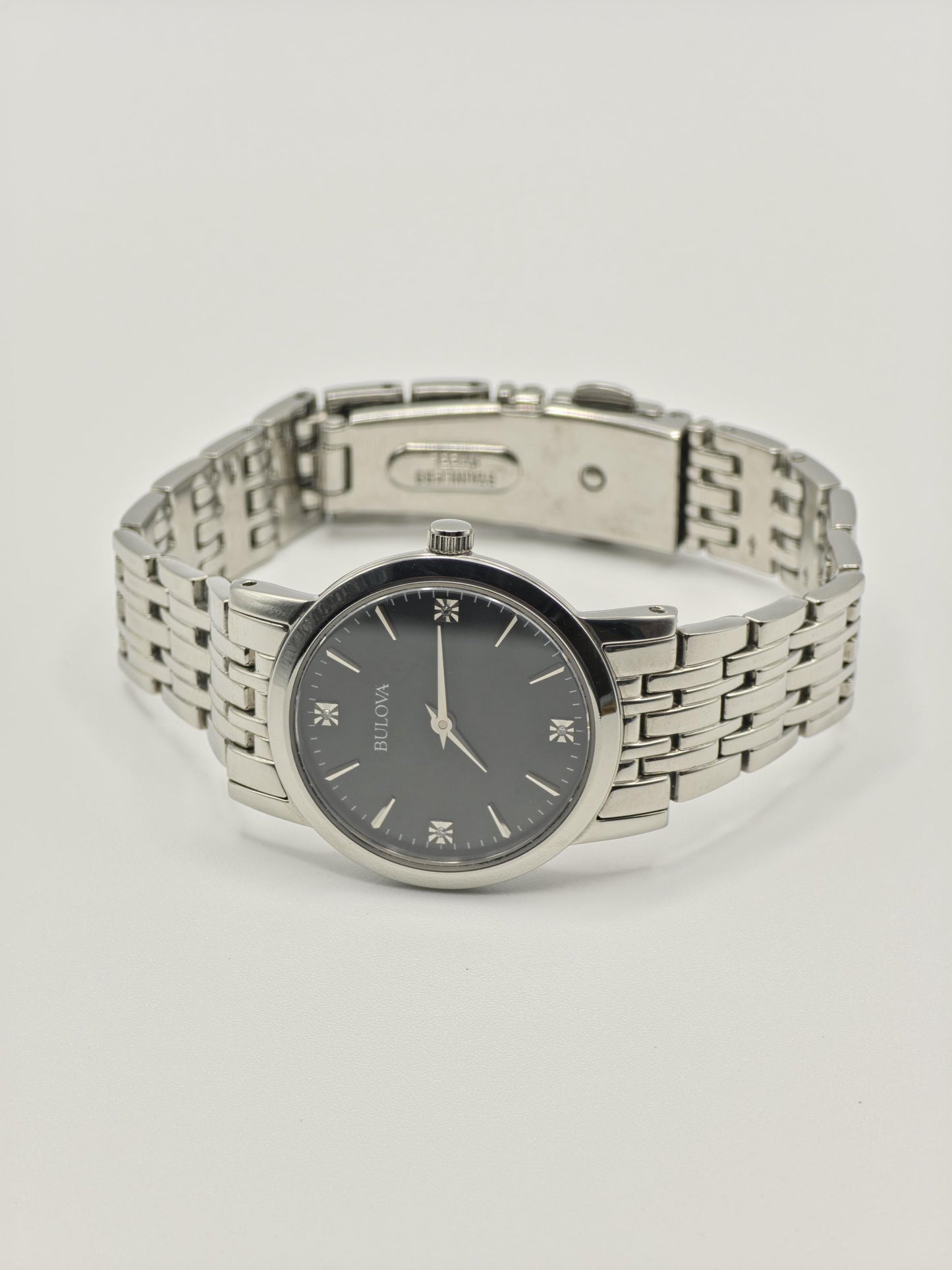Bulova 96P148 Ladies Stainless Steel Sapphire Glass Black Dial Quartz Wristwatch Elegant Classic Dress Watch