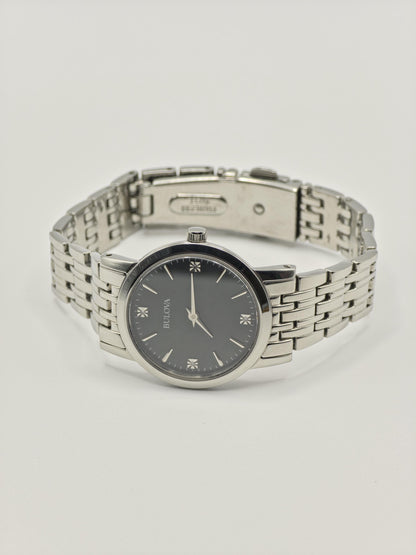 Bulova 96P148 Ladies Stainless Steel Sapphire Glass Black Dial Quartz Wristwatch Elegant Classic Dress Watch