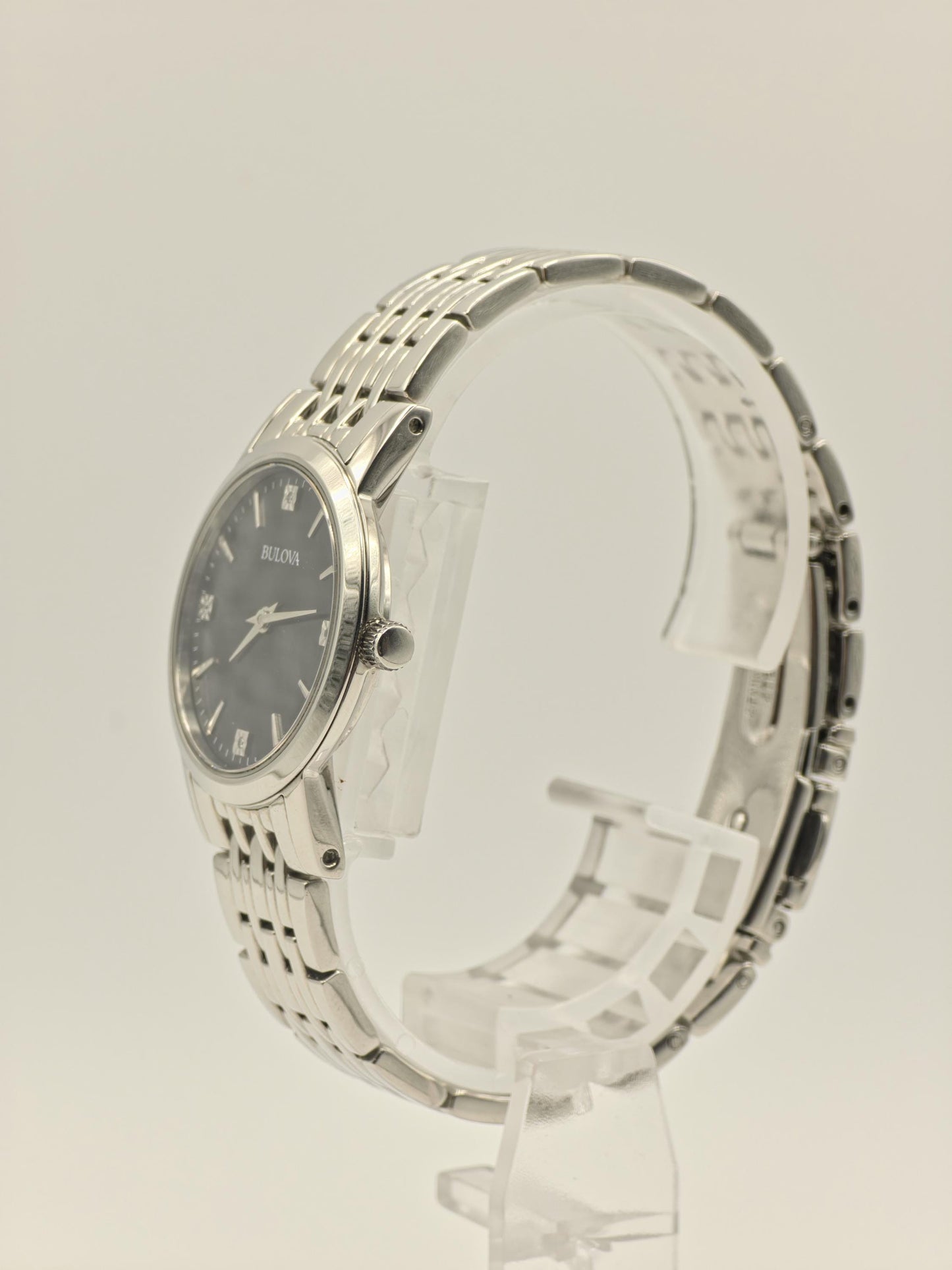 Bulova 96P148 Ladies Stainless Steel Sapphire Glass Black Dial Quartz Wristwatch Elegant Classic Dress Watch