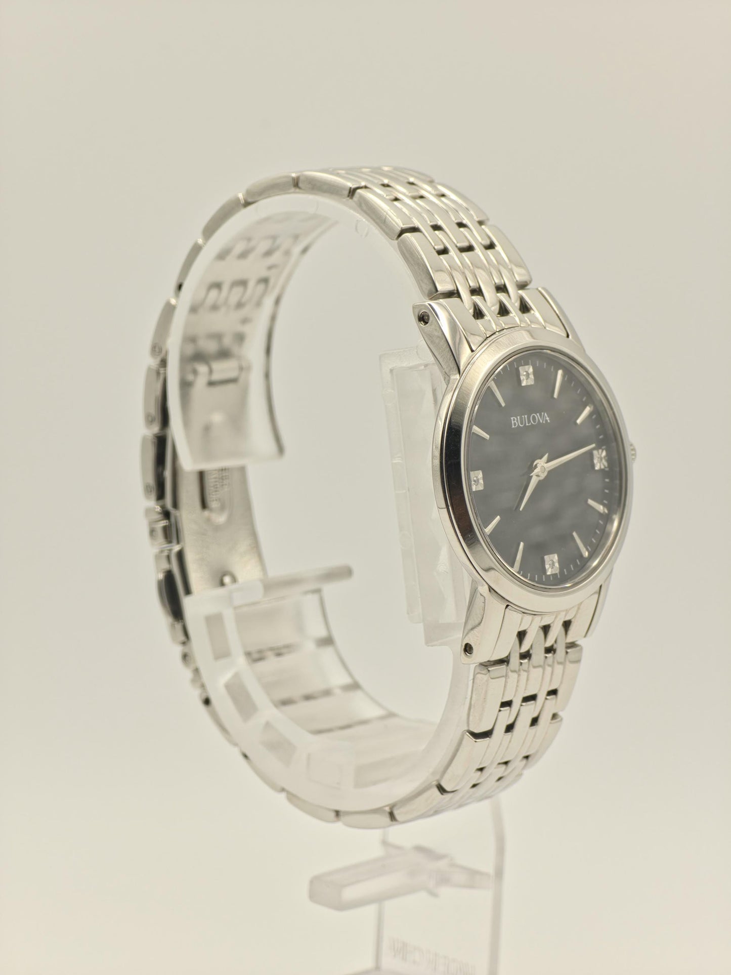 Bulova 96P148 Ladies Stainless Steel Sapphire Glass Black Dial Quartz Wristwatch Elegant Classic Dress Watch