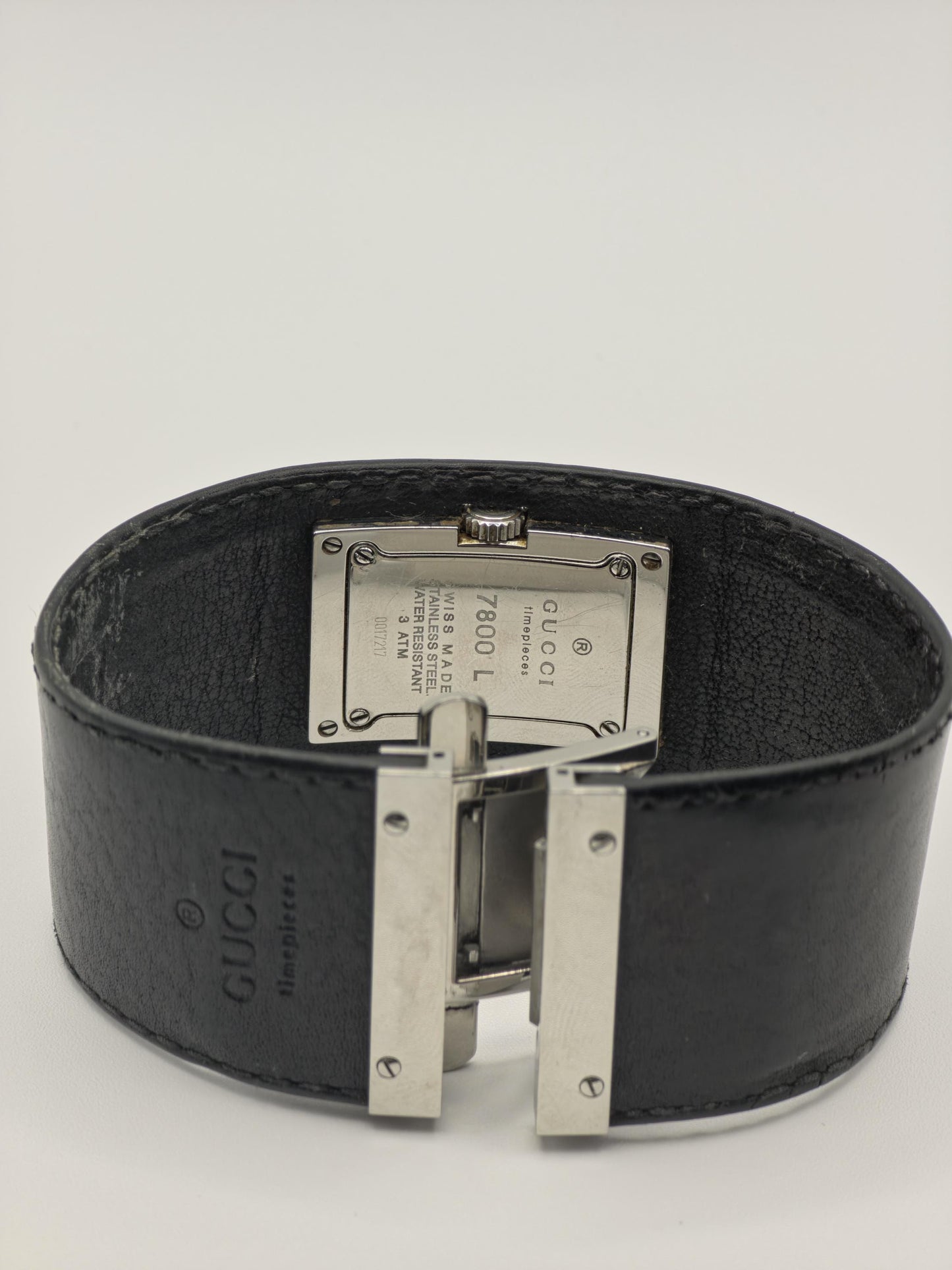 Gucci 7800L Unisex Watch – Black Leather Cuff Strap – Rectangular Stainless Steel Case – Swiss Made Quartz
