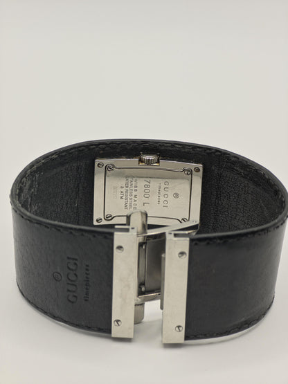 Gucci 7800L Unisex Watch – Black Leather Cuff Strap – Rectangular Stainless Steel Case – Swiss Made Quartz