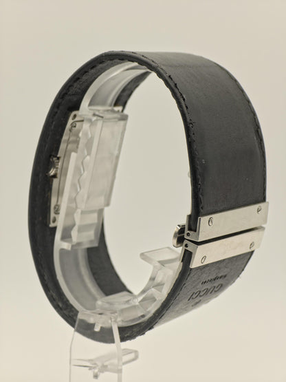 Gucci 7800L Unisex Watch – Black Leather Cuff Strap – Rectangular Stainless Steel Case – Swiss Made Quartz