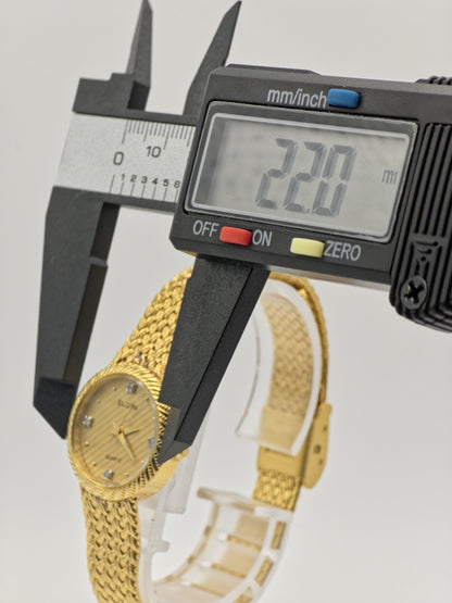 Elgin FK279 Gold Tone Ladies Quartz Watch – Textured Bracelet, Diamond-Style Markers, Swiss Made