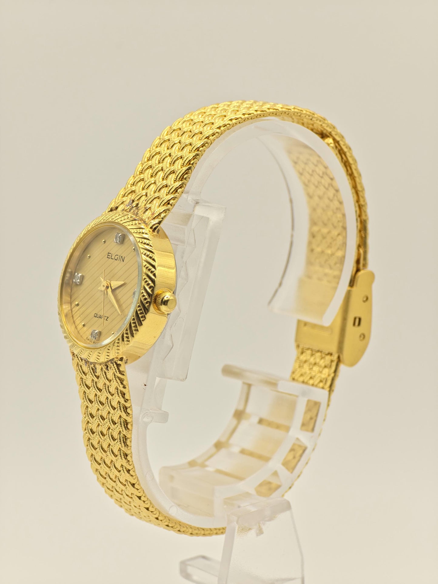 Elgin FK279 Gold Tone Ladies Quartz Watch – Textured Bracelet, Diamond-Style Markers, Swiss Made