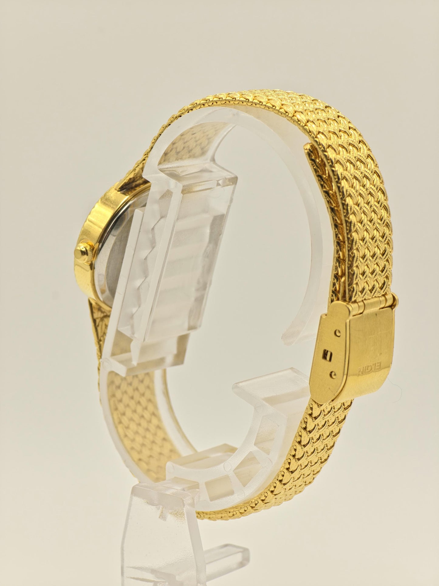 Elgin FK279 Gold Tone Ladies Quartz Watch – Textured Bracelet, Diamond-Style Markers, Swiss Made