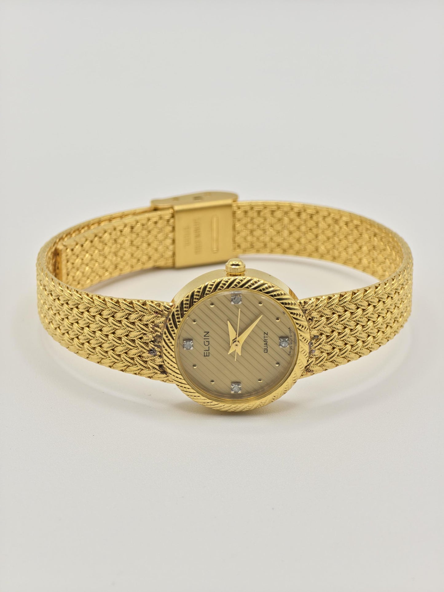 Elgin FK279 Gold Tone Ladies Quartz Watch – Textured Bracelet, Diamond-Style Markers, Swiss Made