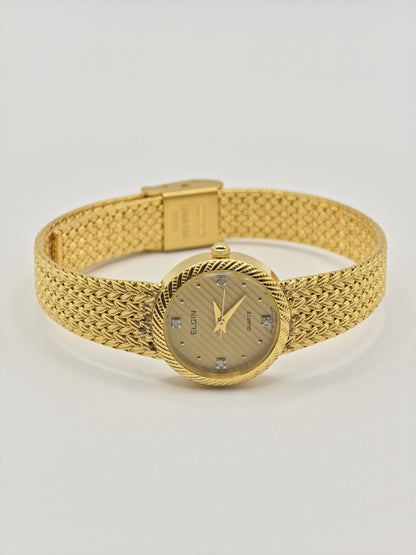 Elgin FK279 Gold Tone Ladies Quartz Watch – Textured Bracelet, Diamond-Style Markers, Swiss Made