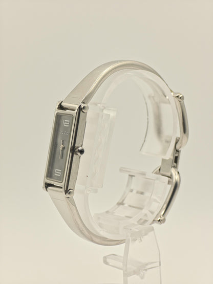 Gucci 1500L Ladies Swiss-Made Watch – Silver Bangle Bracelet – Black Rectangular Dial – Vintage Luxury