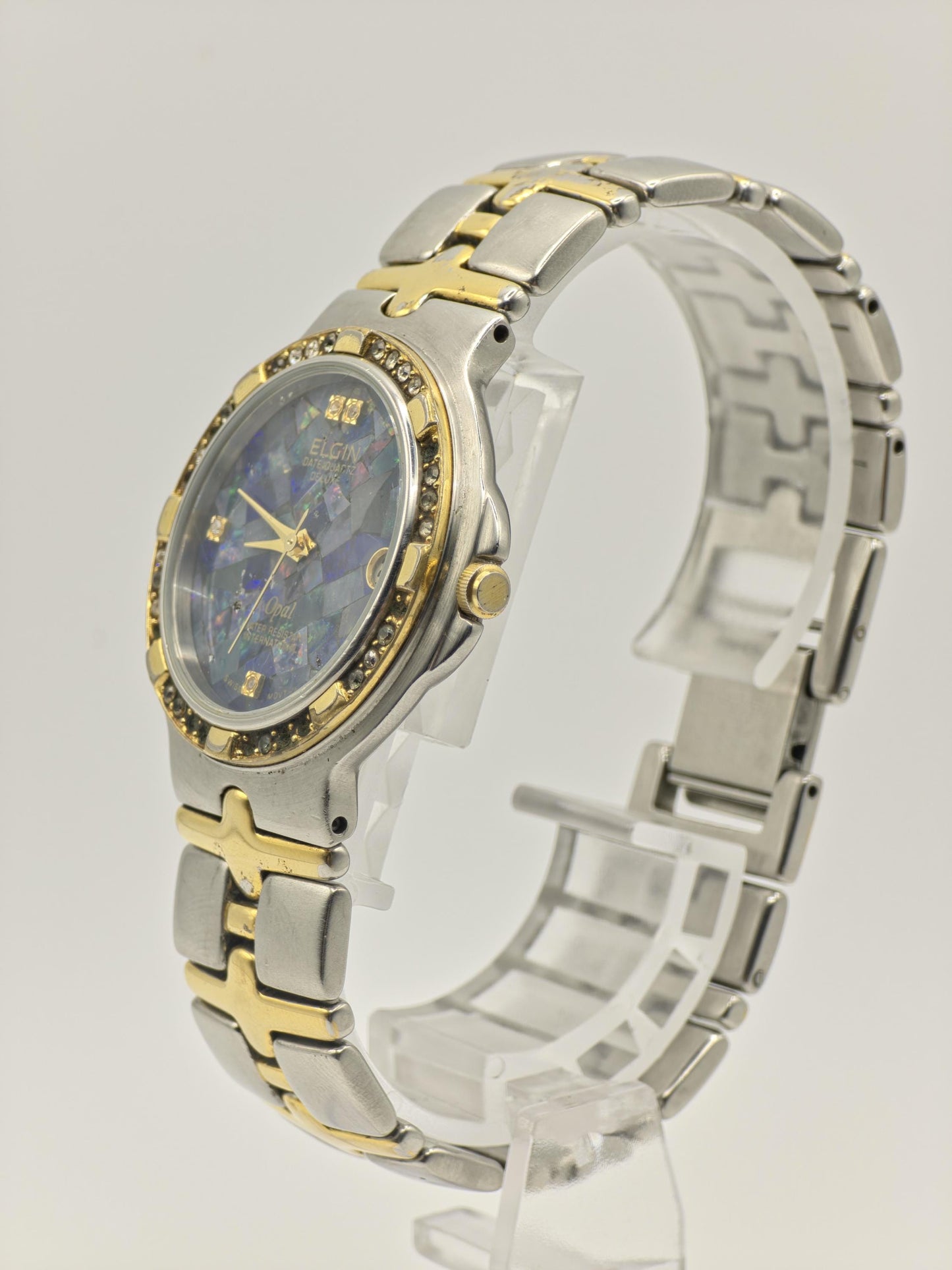 Elgin FK535-A Opal Dial Ladies Watch – Two-Tone Steel – Diamond Accent Bezel – Swiss Quartz Vintage