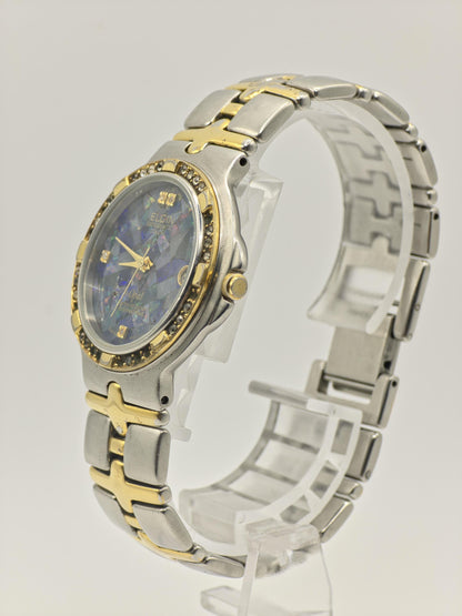 Elgin FK535-A Opal Dial Ladies Watch – Two-Tone Steel – Diamond Accent Bezel – Swiss Quartz Vintage