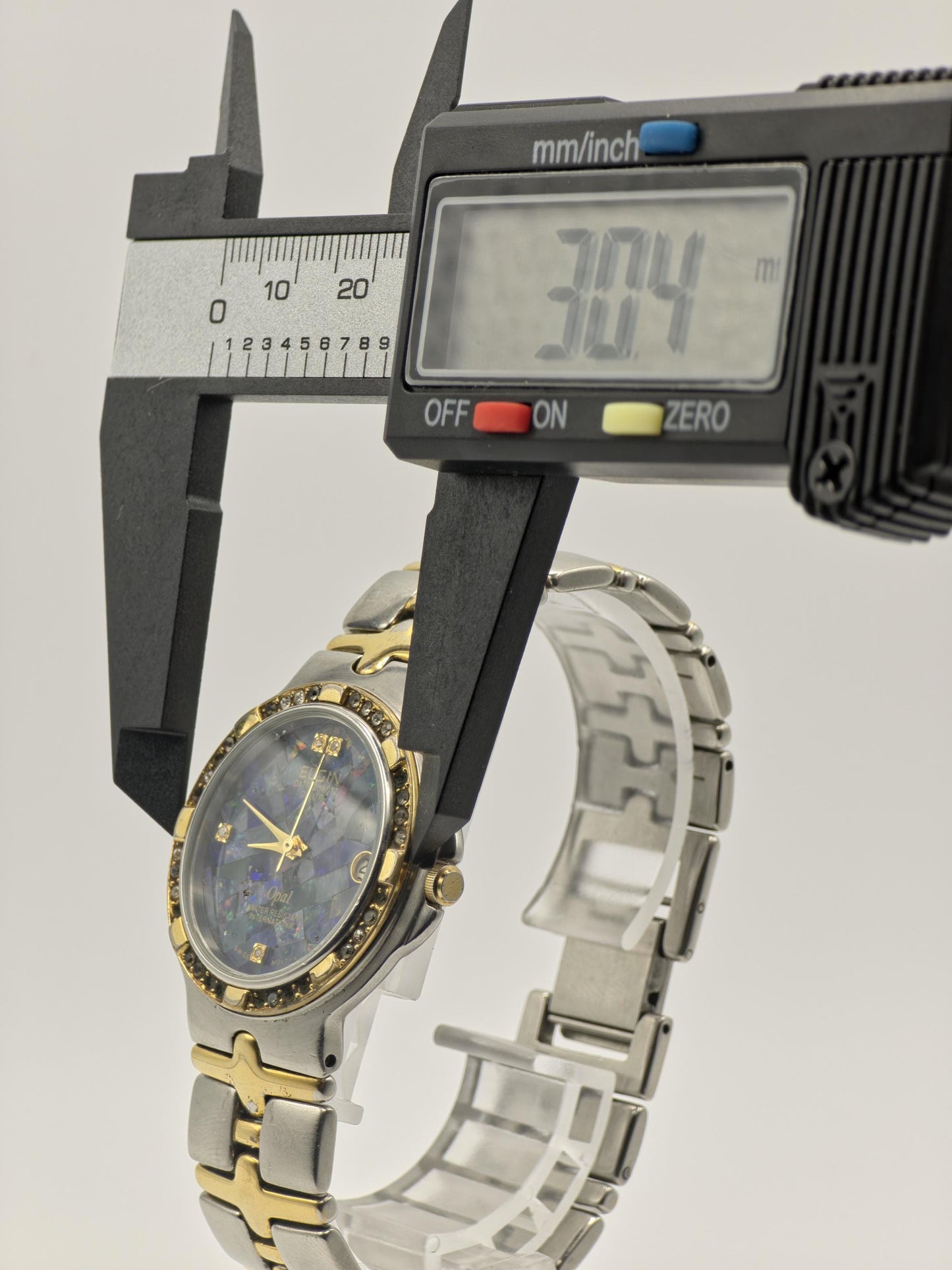 Elgin FK535-A Opal Dial Ladies Watch – Two-Tone Steel – Diamond Accent Bezel – Swiss Quartz Vintage