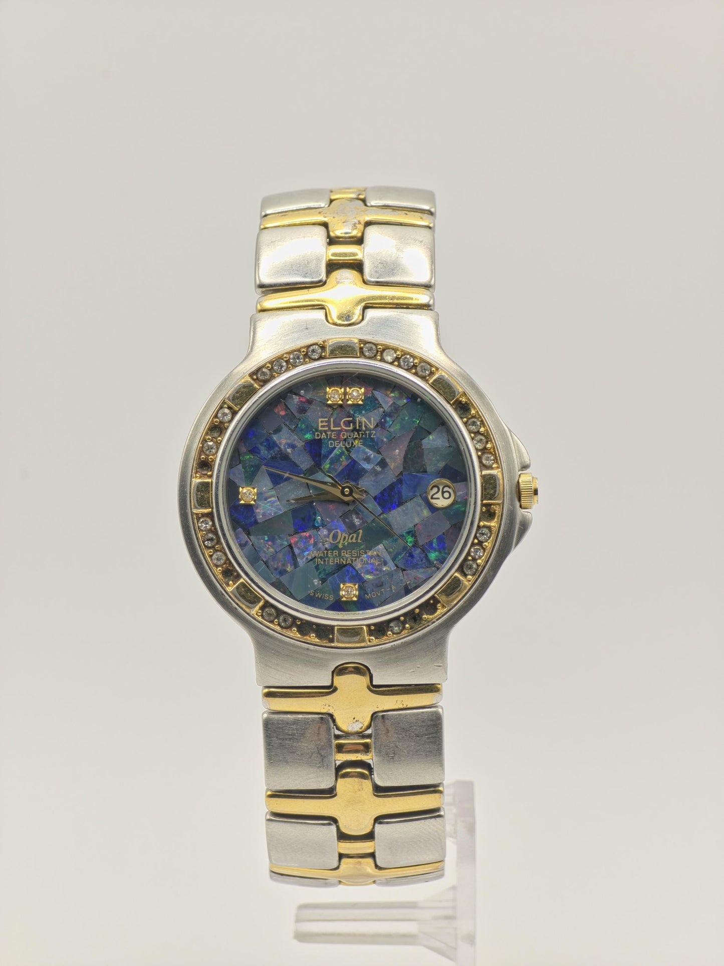 Elgin FK535-A Opal Dial Ladies Watch – Two-Tone Steel – Diamond Accent Bezel – Swiss Quartz Vintage
