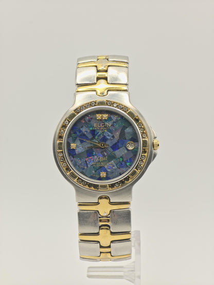 Elgin FK535-A Opal Dial Ladies Watch – Two-Tone Steel – Diamond Accent Bezel – Swiss Quartz Vintage