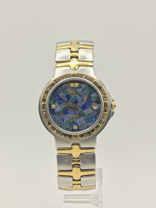 Elgin FK535-A Opal Dial Ladies Watch – Two-Tone Steel – Diamond Accent Bezel – Swiss Quartz Vintage