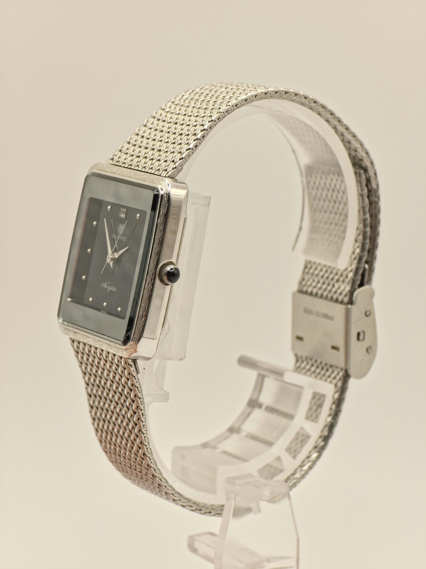 Vintage CYMA Navystar Quartz | Swiss Made Black Dial Rectangular Watch | Stainless Steel Mesh Bracelet | Elegant Unisex Dress Timepiece