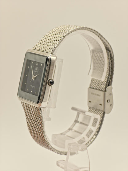 Vintage CYMA Navystar Quartz | Swiss Made Black Dial Rectangular Watch | Stainless Steel Mesh Bracelet | Elegant Unisex Dress Timepiece