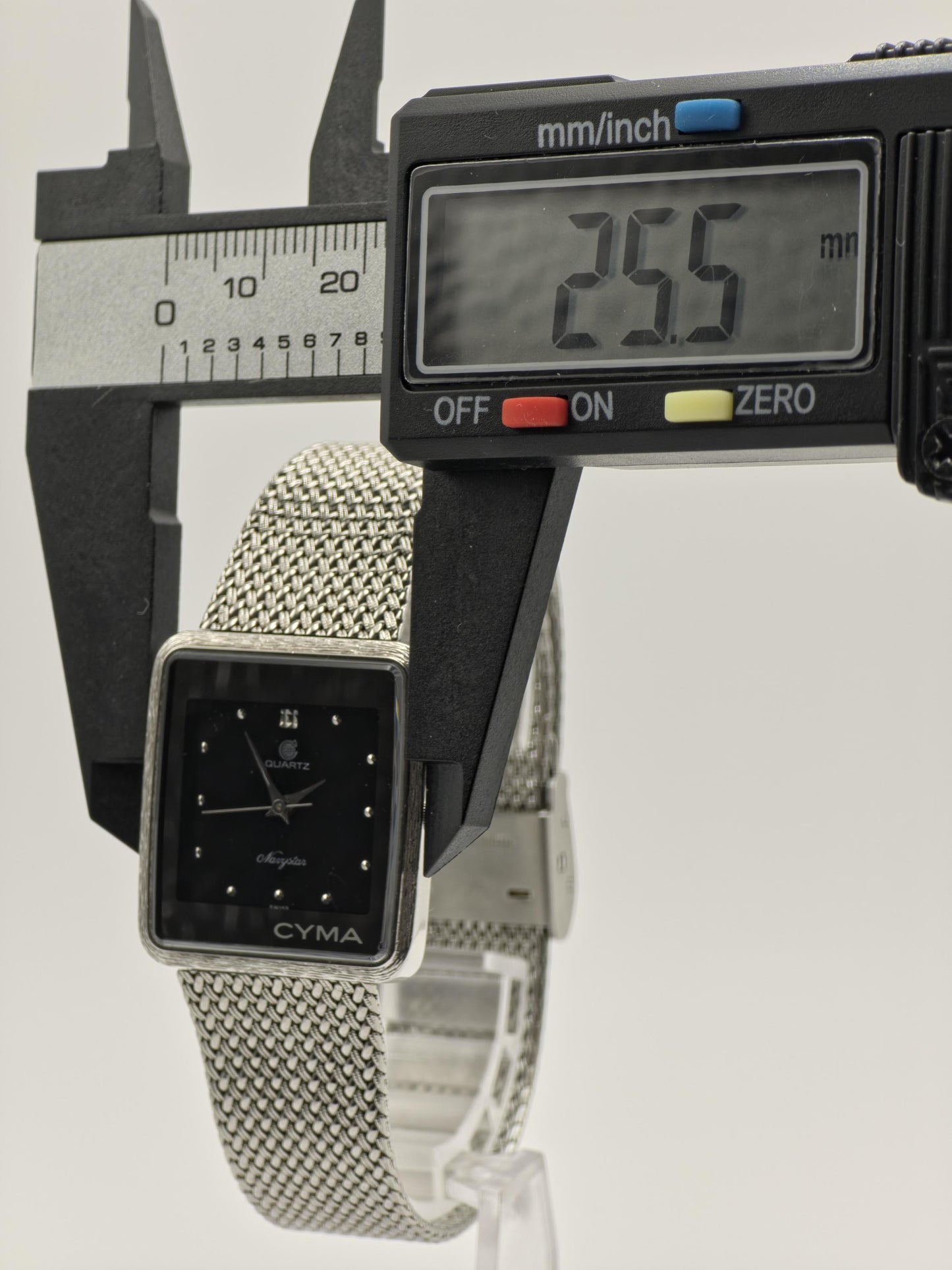 Vintage CYMA Navystar Quartz | Swiss Made Black Dial Rectangular Watch | Stainless Steel Mesh Bracelet | Elegant Unisex Dress Timepiece