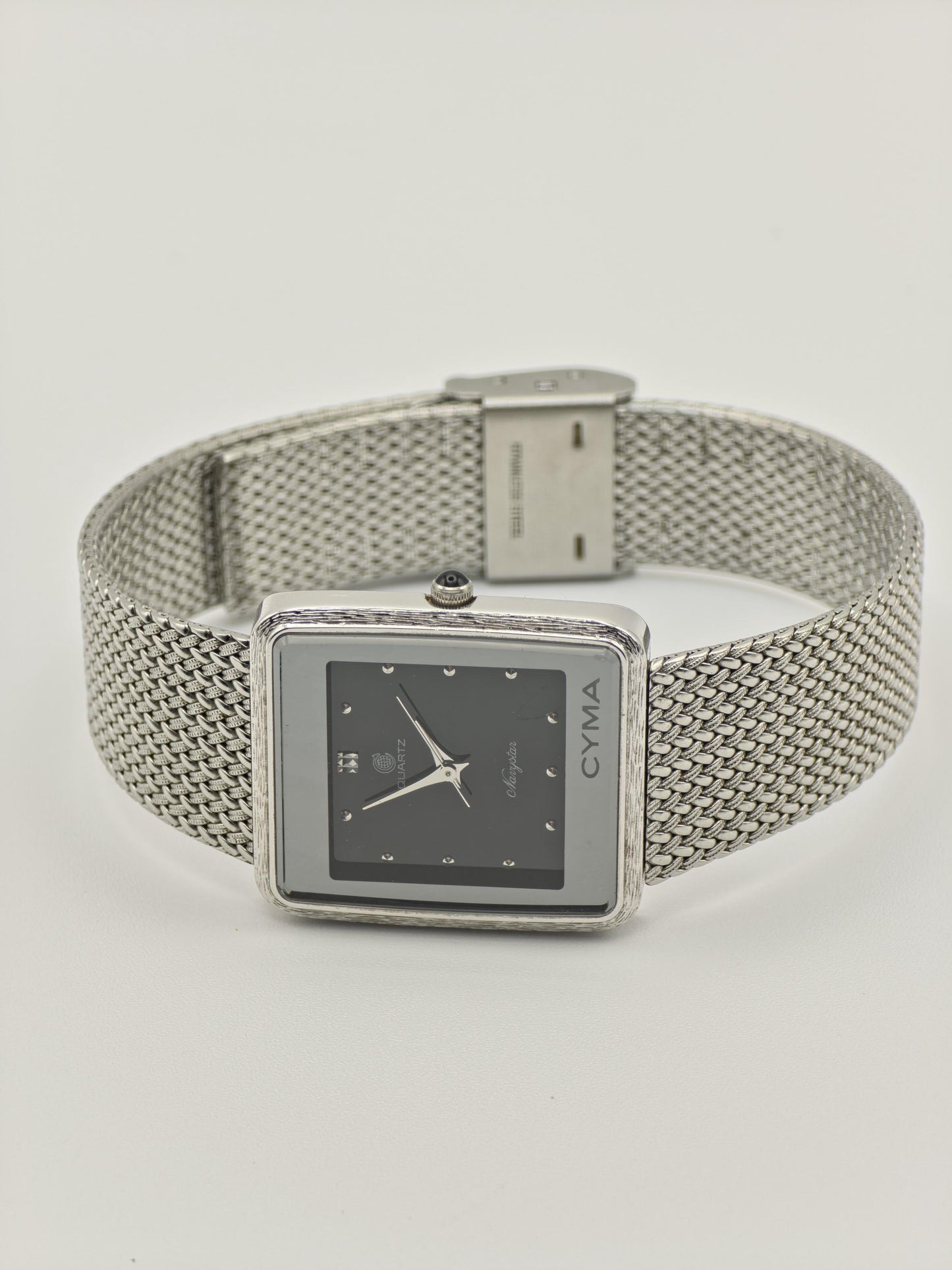 Vintage CYMA Navystar Quartz | Swiss Made Black Dial Rectangular Watch | Stainless Steel Mesh Bracelet | Elegant Unisex Dress Timepiece