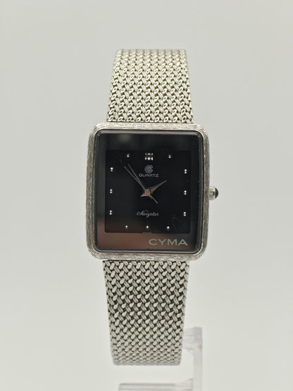 Vintage CYMA Navystar Quartz | Swiss Made Black Dial Rectangular Watch | Stainless Steel Mesh Bracelet | Elegant Unisex Dress Timepiece
