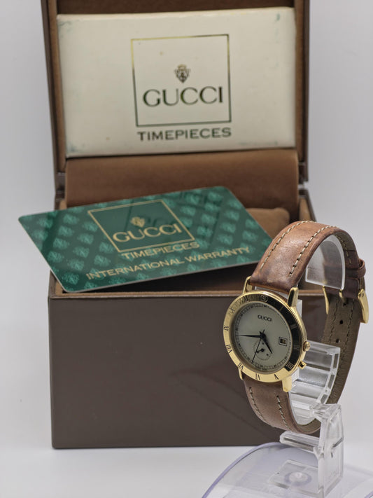 GUCCI 3800JR Quartz Men Watch – Gold-Tone Bezel, Small Seconds Subdial, Date Display – Swiss Made Vintage Dress Watch – With Original Box