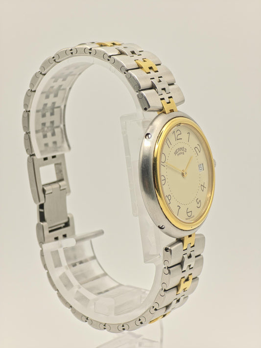 Vintage Hermès Paris Two-Tone Watch | Swiss Made Clipper Style | Cream Dial & Date | Stainless Steel/Gold Dress Timepiece
