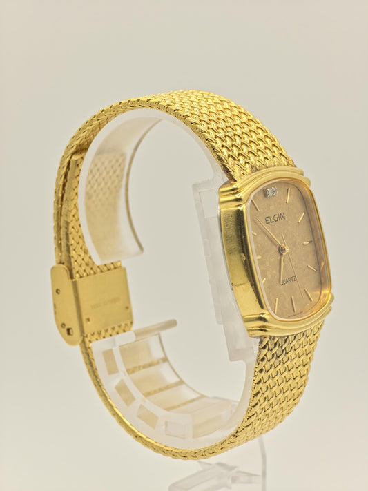 Vintage Elgin Gold-Tone Watch | Swiss Quartz | Textured Gold Dial & Diamond-Style Markers | Elegant Dress Timepiece