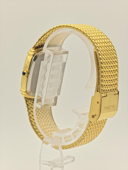 Vintage Elgin Gold-Tone Watch | Swiss Quartz | Textured Gold Dial & Diamond-Style Markers | Elegant Dress Timepiece