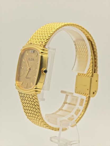 Vintage Elgin Gold-Tone Watch | Swiss Quartz | Textured Gold Dial & Diamond-Style Markers | Elegant Dress Timepiece