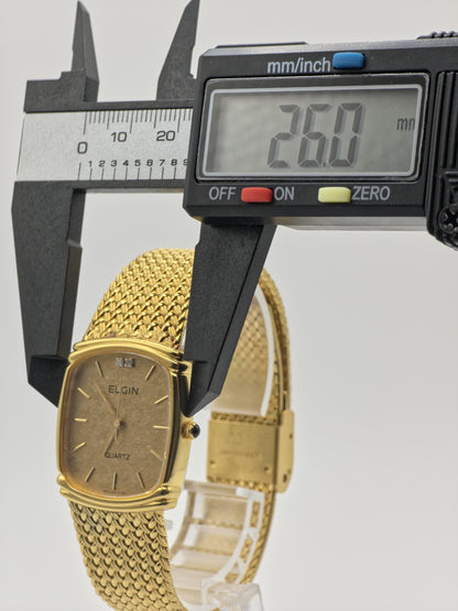 Vintage Elgin Gold-Tone Watch | Swiss Quartz | Textured Gold Dial & Diamond-Style Markers | Elegant Dress Timepiece