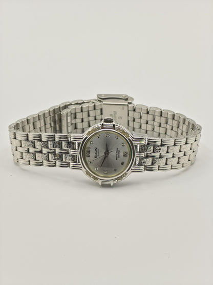 Vintage Elgin Ladies Platinum-Tone Watch | Diamond-Style Bezel & Markers | Swiss Quartz | Elegant Dress Timepiece