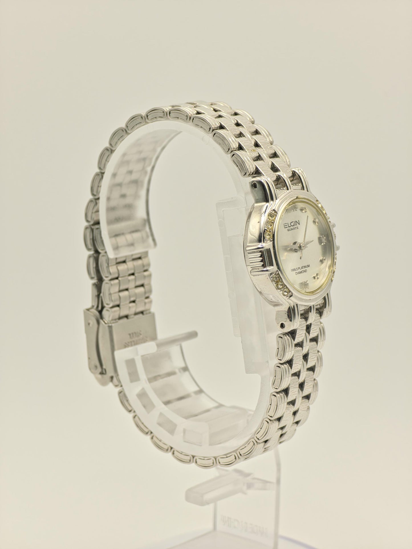 Vintage Elgin Ladies Platinum-Tone Watch | Diamond-Style Bezel & Markers | Swiss Quartz | Elegant Dress Timepiece