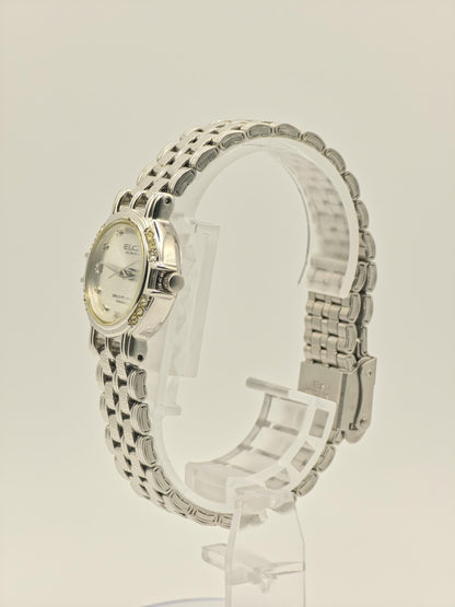 Vintage Elgin Ladies Platinum-Tone Watch | Diamond-Style Bezel & Markers | Swiss Quartz | Elegant Dress Timepiece