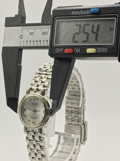 Vintage Elgin Ladies Platinum-Tone Watch | Diamond-Style Bezel & Markers | Swiss Quartz | Elegant Dress Timepiece