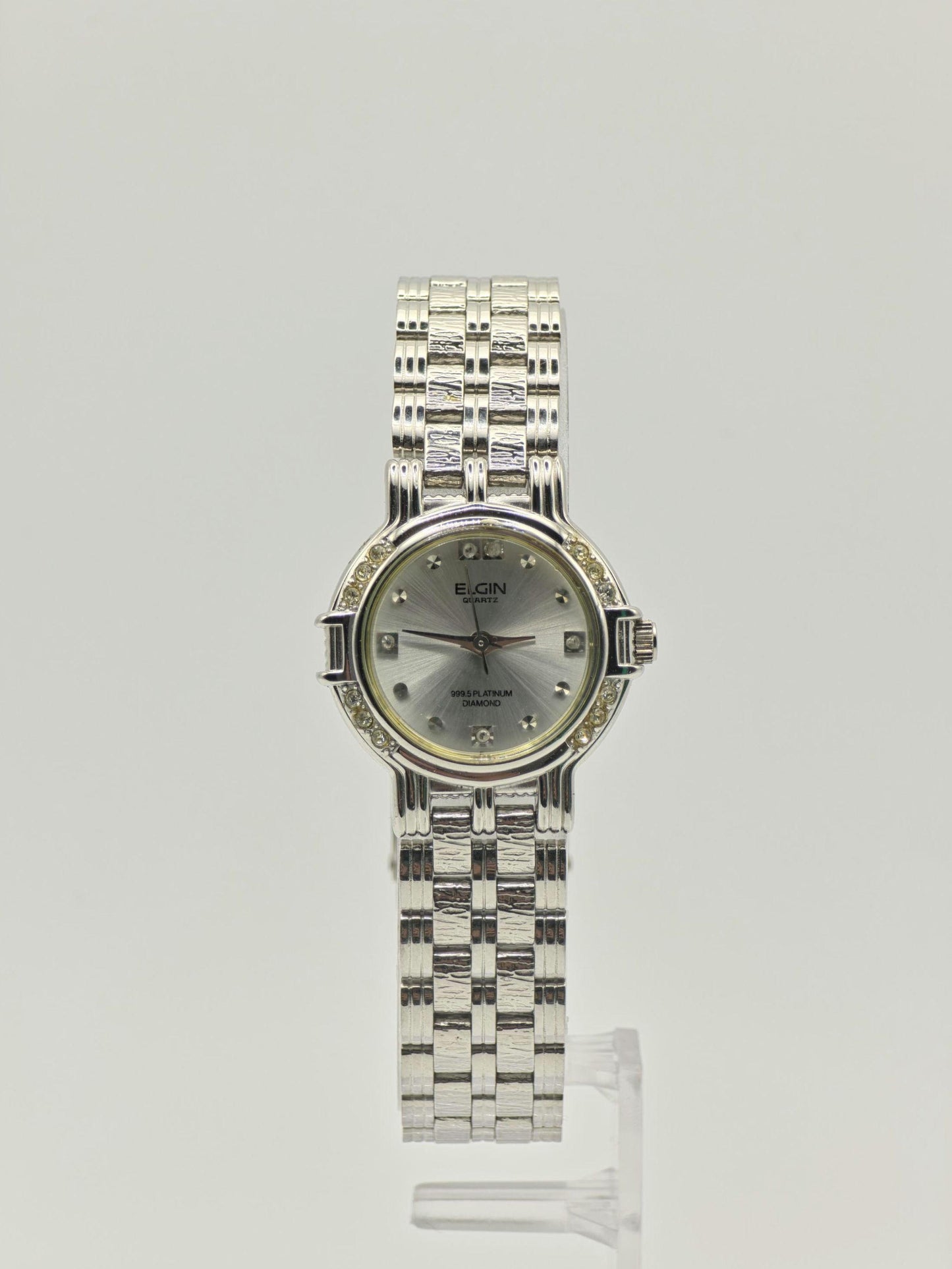 Vintage Elgin Ladies Platinum-Tone Watch | Diamond-Style Bezel & Markers | Swiss Quartz | Elegant Dress Timepiece
