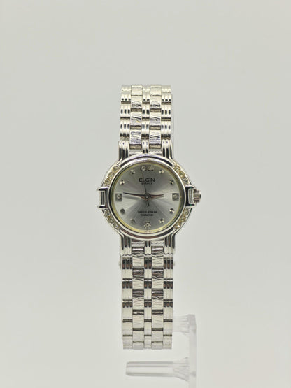 Vintage Elgin Ladies Platinum-Tone Watch | Diamond-Style Bezel & Markers | Swiss Quartz | Elegant Dress Timepiece
