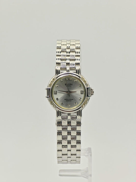 Vintage Elgin Ladies Platinum-Tone Watch | Diamond-Style Bezel & Markers | Swiss Quartz | Elegant Dress Timepiece