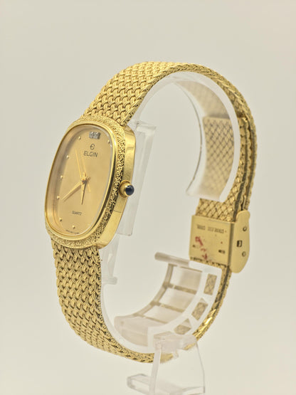 Vintage Elgin Gold-Tone Watch | Swiss Quartz, Engraved Bezel