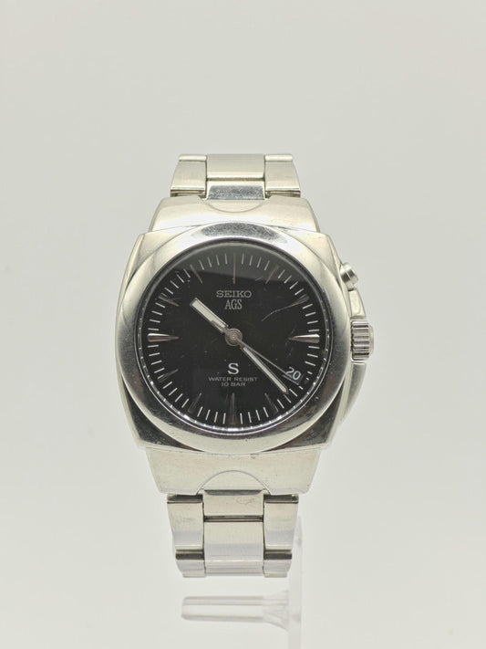 Vintage Seiko AGS Kinetic Watch | Stainless Steel, Black Dial Men's Timepiece