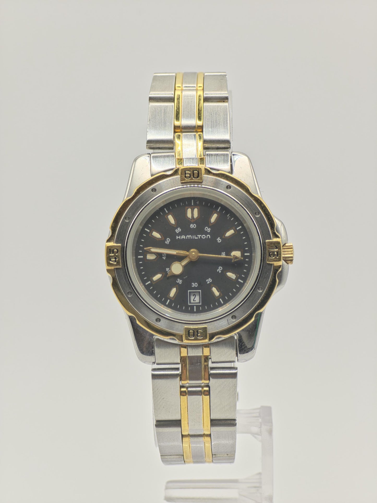 Vintage Hamilton Two-Tone Watch | Swiss Quartz, Black Dial (Original Box + Links)