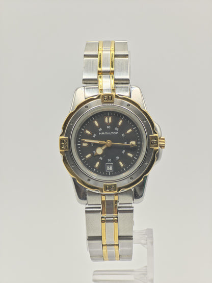 Vintage Hamilton Two-Tone Watch | Swiss Quartz, Black Dial (Original Box + Links)