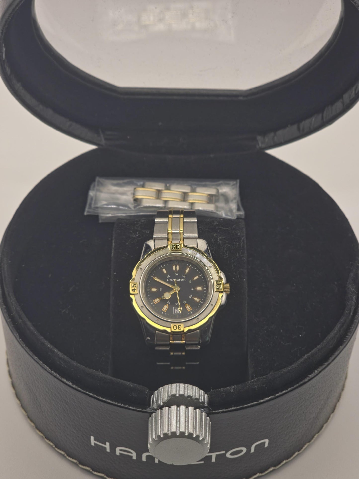 Vintage Hamilton Two-Tone Watch | Swiss Quartz, Black Dial (Original Box + Links)