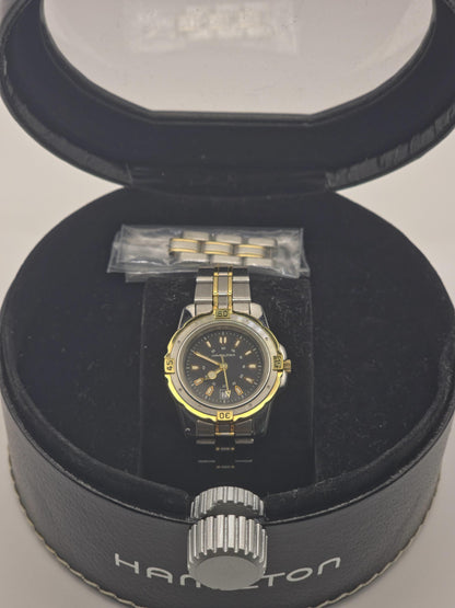 Vintage Hamilton Two-Tone Watch | Swiss Quartz, Black Dial (Original Box + Links)