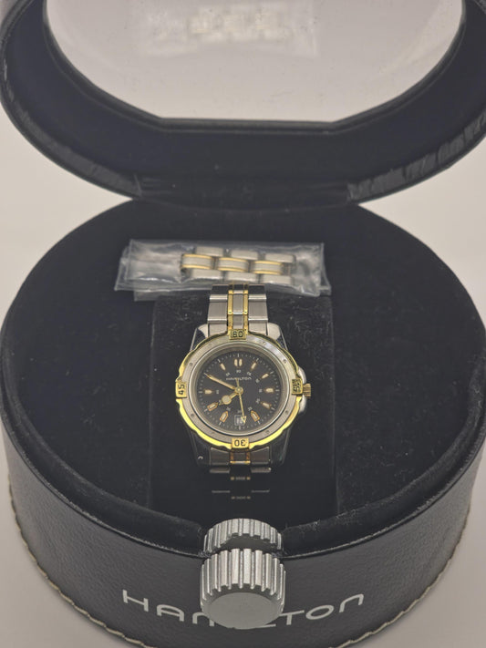 Vintage Hamilton Two-Tone Watch | Swiss Quartz, Black Dial (Original Box + Links)