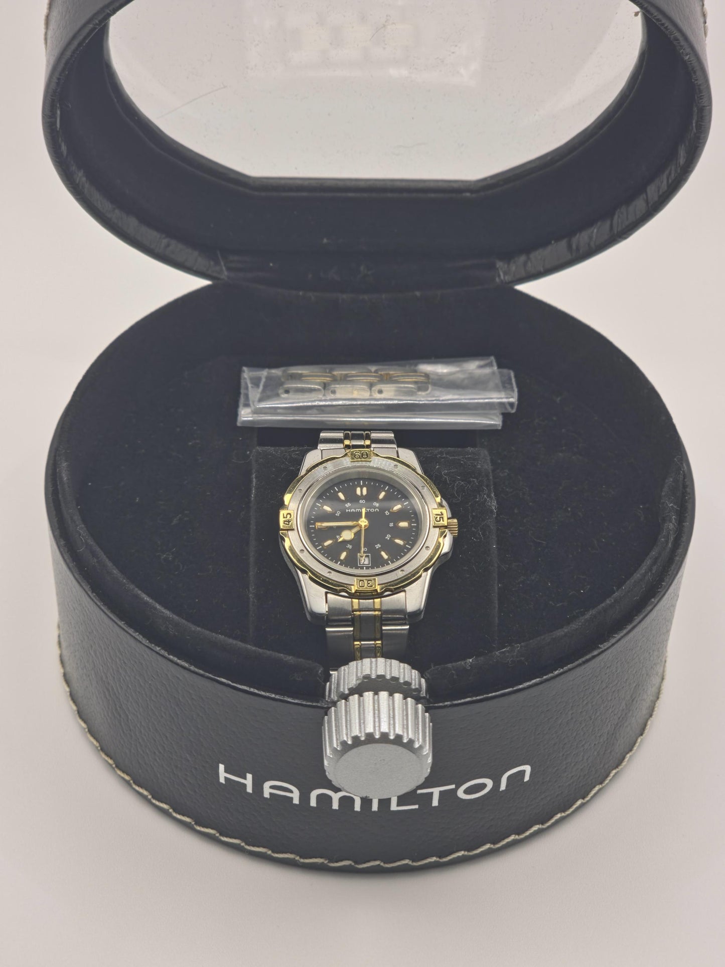 Vintage Hamilton Two-Tone Watch | Swiss Quartz, Black Dial (Original Box + Links)