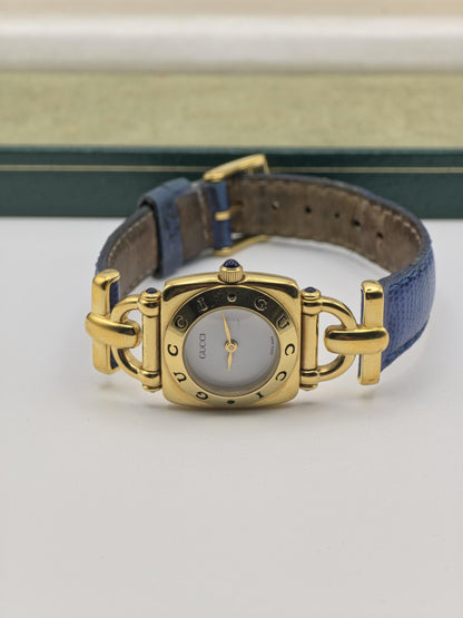 Vintage Gucci 6300L Gold-Tone Ladies Watch | Swiss Made Quartz | Blue Leather Strap | With Original Box | Elegant Designer Dress Timepiece