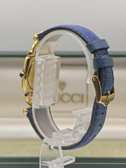Vintage Gucci 6300L Gold-Tone Ladies Watch | Swiss Made Quartz | Blue Leather Strap | With Original Box | Elegant Designer Dress Timepiece
