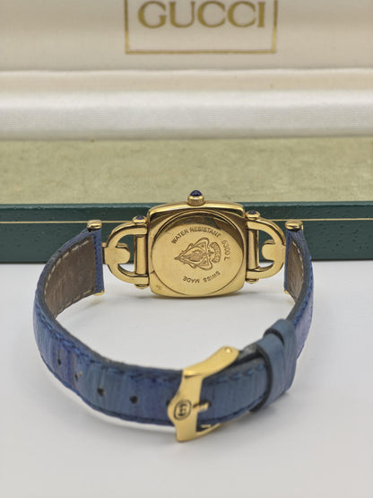 Vintage Gucci 6300L Gold-Tone Ladies Watch | Swiss Made Quartz | Blue Leather Strap | With Original Box | Elegant Designer Dress Timepiece