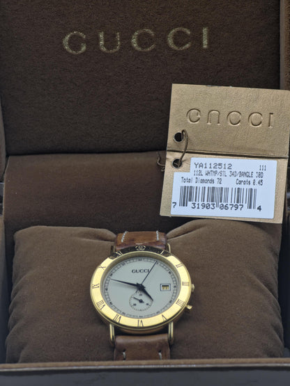 GUCCI 3800JR Quartz Men Watch – Gold-Tone Bezel, Small Seconds Subdial, Date Display – Swiss Made Vintage Dress Watch – With Original Box